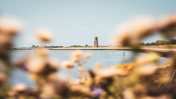 only remaining building (church tower) of the former village koudekerke lost to the sea - grass church flood landscape imagens e fotografias de stock