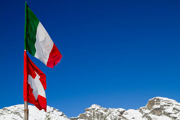 italian and switzerland flags on a blue sky