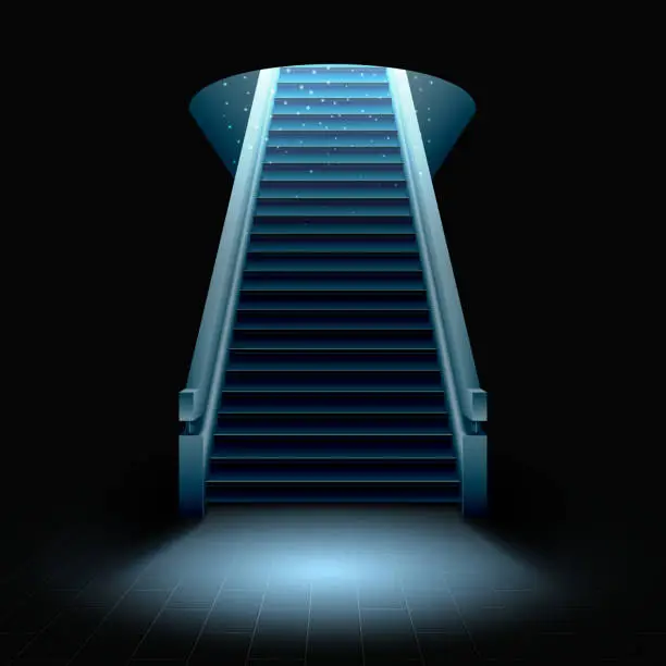 Vector illustration of A staircase climbing up from darkness to bright light.