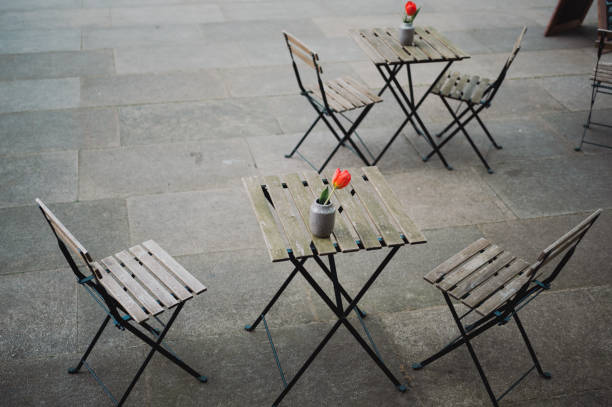 Bistro area with empty tables and chairs