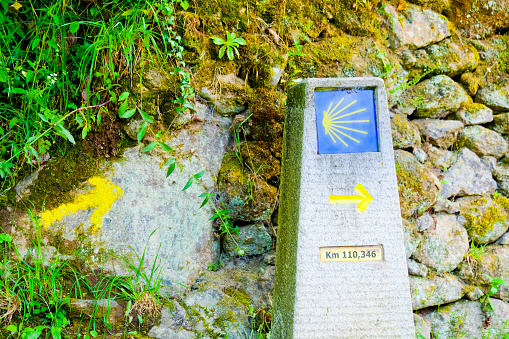 Camino de Santiago pilgrimage route, yellow arrow and scallop symbols.  Belesar village , Ribeira Sacra winemaking and touristic area, Lugo province, Galicia, Spain.