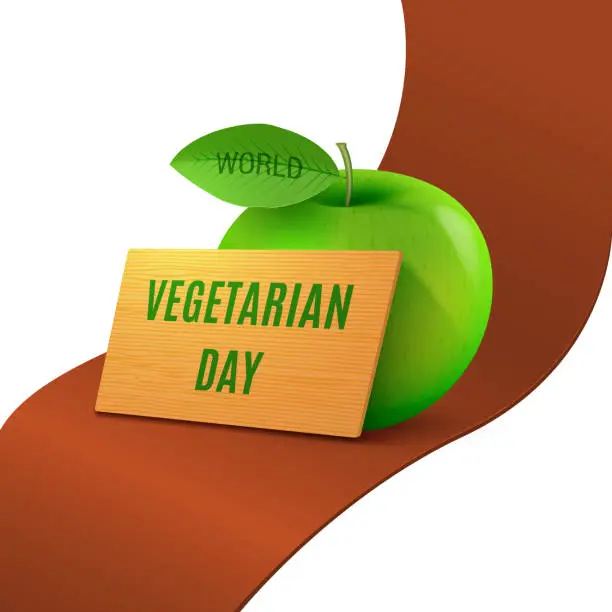 Vector illustration of World Vegetarian Day. Green realistic apple on a red ribbon.