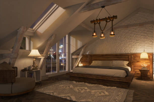 istock Scandinavian Style Attic Bedroom Interior At Night 1639911572