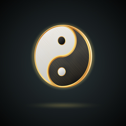 Realistic golden yin yang symbol isolated on dark background. Vector illustration.