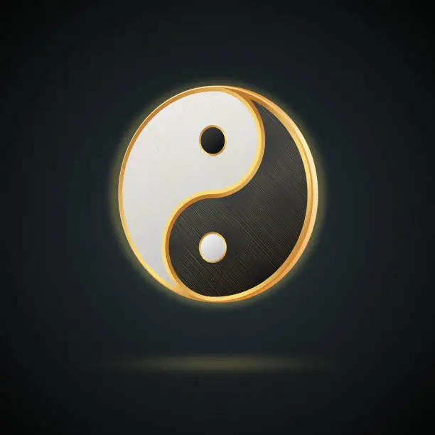 Vector illustration of Realistic golden yin yang symbol isolated on dark background.