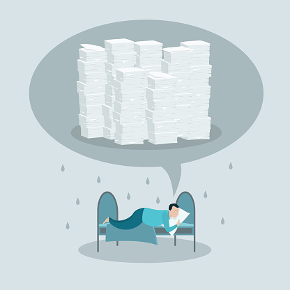 Procrastination concept. Man doesn't want to get out of bed presenting a lot of paperwork. Vector illustration.