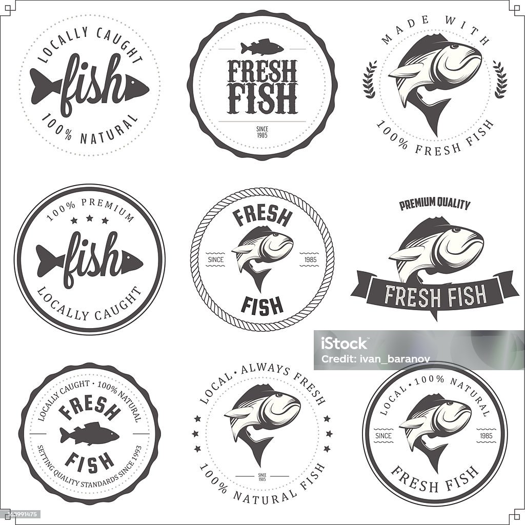 Набор сделанных с рыбой марок, этикеток и значки - Векторная графика Ловить рыбу роялти-фри