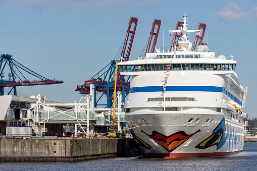 Hamburg, Germany - April 10, 2019: AIDAaura at Cruise Center Steinwerder, one of three passenger terminals for cruise ships in Hamburg