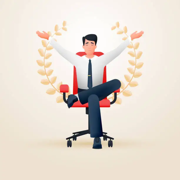 Vector illustration of Relaxed meditating contented businessman in an office chair depicting success.