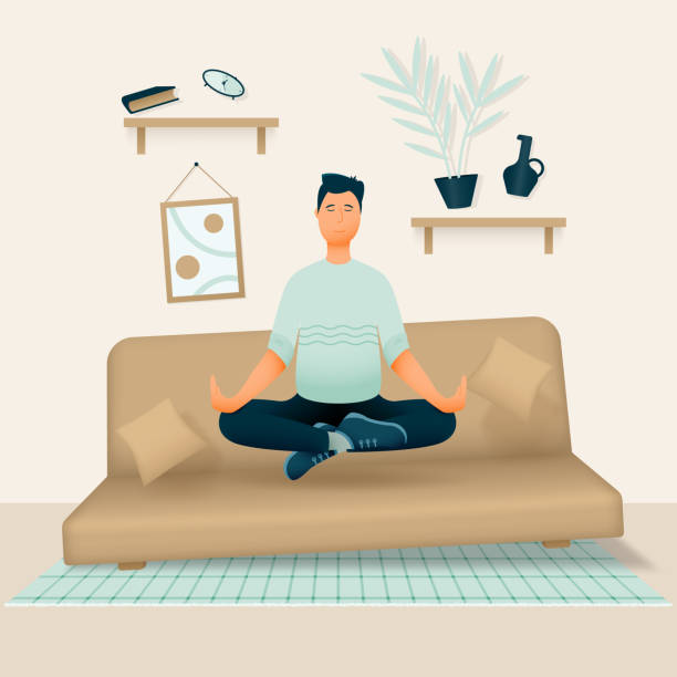 A relaxed smiling man sits in his room or apartment on a soft sofa with his legs crossed and meditates. A relaxed smiling man sits in his room or apartment on a soft sofa with his legs crossed and meditates. Vector illustration. girl levitating stock illustrations