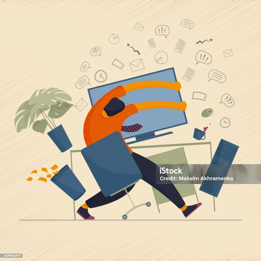 The concept of human character overload with information and mental breakdown while working at the computer. The concept of human character overload with information and mental breakdown while working at the computer. Vector illustration. Emotional Stress stock vector The concept of human character overload with information and mental breakdown while working at the computer. The concept of human character overload with information and mental breakdown while working at the computer. Vector illustration. Emotional Stress stock vector