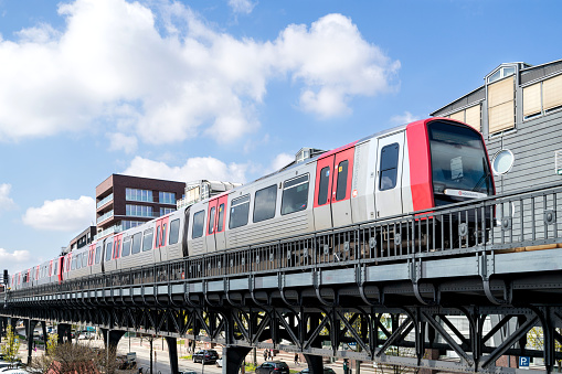 Hamburg, Germany - April 9, 2019: Hamburg U-Bahn DT5 Type near Baumwall station
