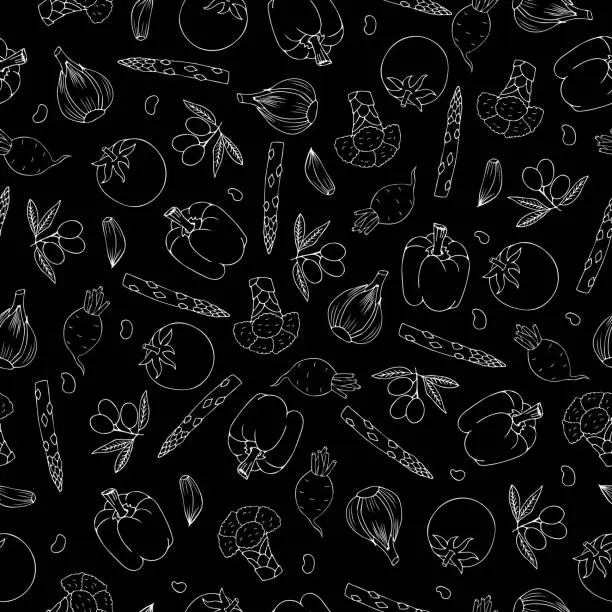 Vector illustration of Vegetables pattern on black. Hand-drawn doodle vector seamless pattern of vegetables, metaphor of healthy eating.