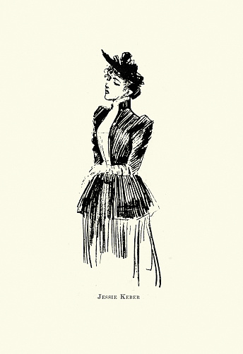 Vintage illustration of a Victorian fashion of the 1890s, smartly dressed young woman, Character sketch from the play The Bauble Shop by Henry Arthur Jones, 1893