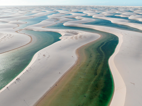 Vista aérea de Lencois Maranhenses. Dunas de arena blanca con piscinas de agua dulce y transparente. Desierto. Brasil photo