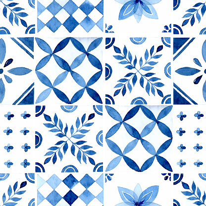 Watercolor seamless pattern with blue Mediterranean tiles for wallpaper