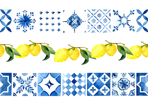 Watercolor seamless borders set with Mediterranean tiles, lemons with leaves