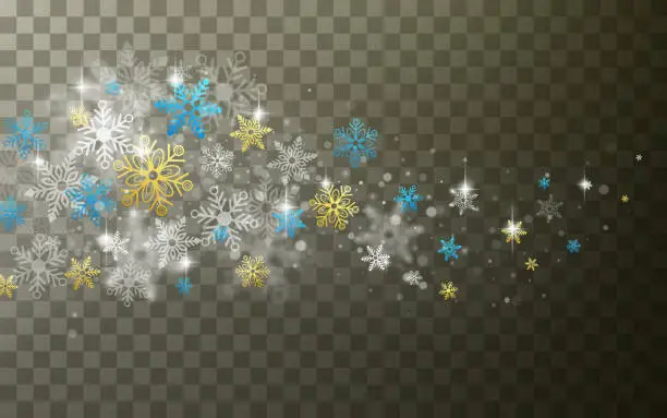 Vector illustration of Flying snowflakes isolated on dark transparent background. Christmas snow.