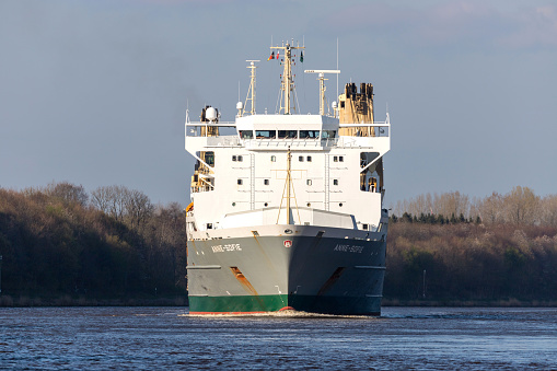 Beldorf, Germany - April 8, 2019: SAL heavy lift ship ‘Anne-Sofie‘ in the Kiel Canal