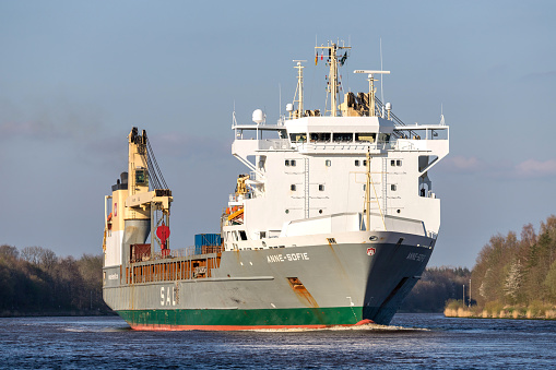 Beldorf, Germany - April 8, 2019: SAL heavy lift ship ‘Anne-Sofie‘ in the Kiel Canal