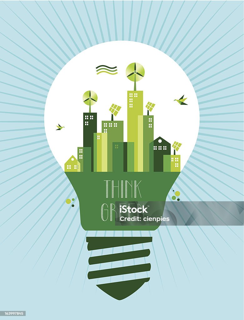 Green city idea Eco friendly idea: light bulb with alternative energy generation cityscape.  Drawing - Art Product stock vector