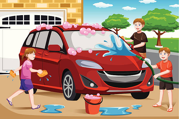 Father and his kids washing car A vector illustration of happy kids helping their father washing car modern house driveway stock illustrations