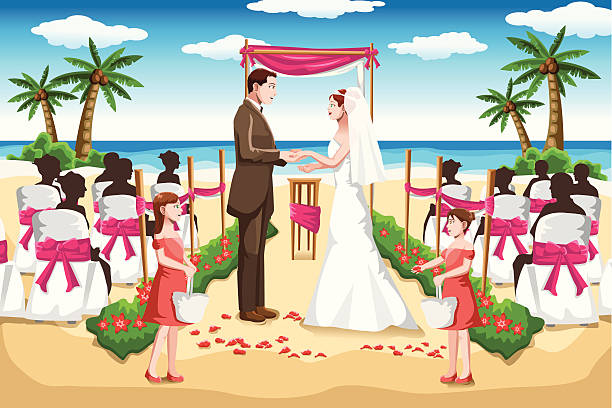 Beach wedding A vector illustration of a couple wedding on the beach flower girl stock illustrations