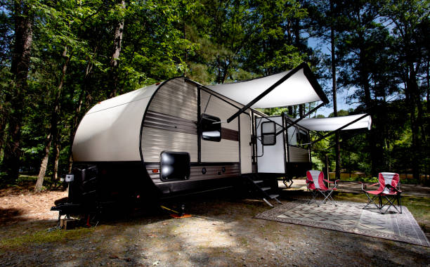 istock Campter trailer camped in a forest with awnings extended 1639982409
