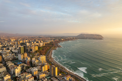 Aerial view of Miraflores and its boardwalk in Lima. Peru