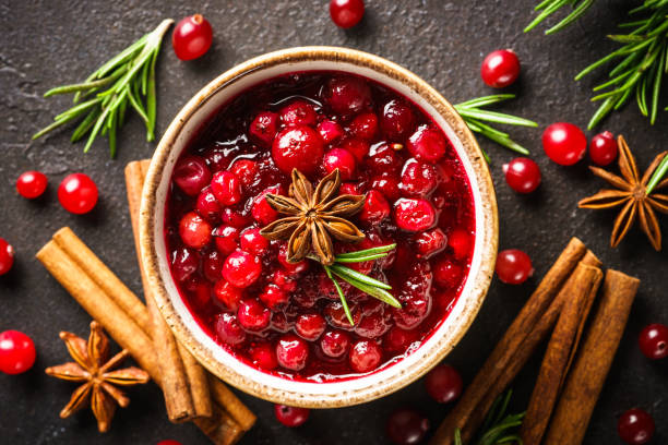 Cranberry sauce in a bowl top view.