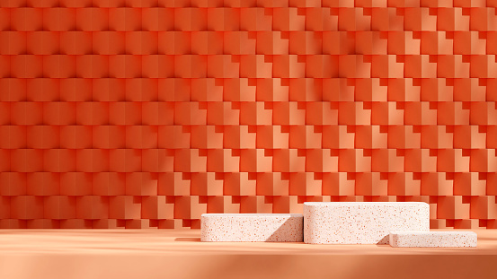 3d render image template mockup block terrazzo pattern podium in landscape cube shape orange wall