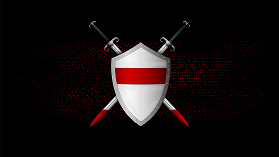 Shield and sword on a black-red background. Vector illustration.