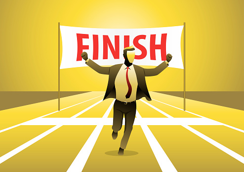 An illustration of businessman on the finishing line in competition concept