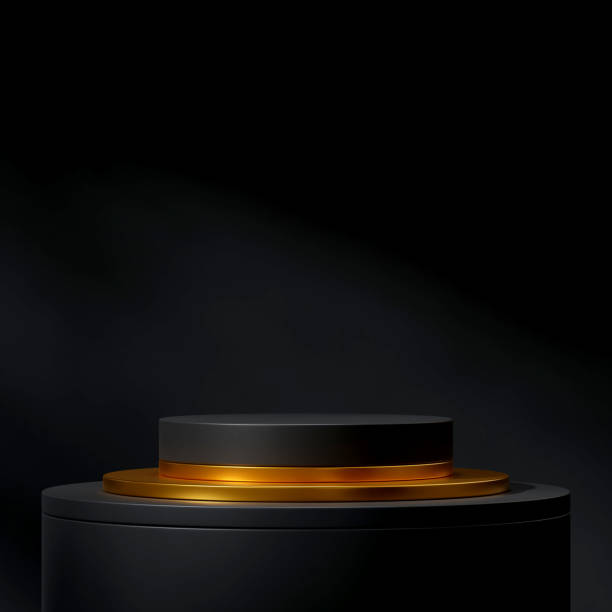 istock scene mockup black and gold cylinder podium in square dark wall background, 3d rendering 1640027924