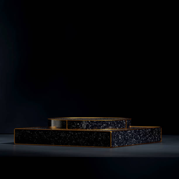 istock in square dark black background, 3d rendering empty space gold and black marble podium 1640027925