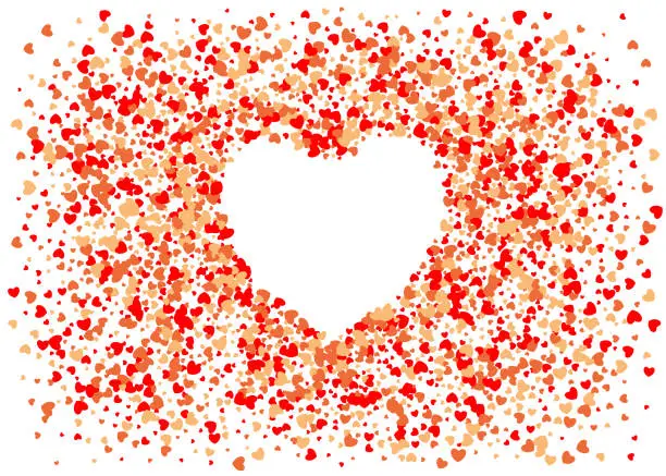 Vector illustration of Background of red hearts scattered on a white background in the shape of a heart.