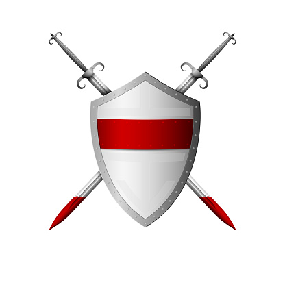 Medieval realistic shield and sword. Vector illustration.