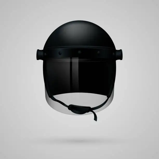 Vector illustration of Black realistic police helmet mask isolated on light background.