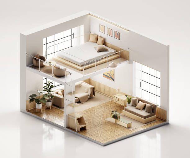istock Isometric view bed room muji style open inside interior architecture, 3d rendering digital art. 1640041506