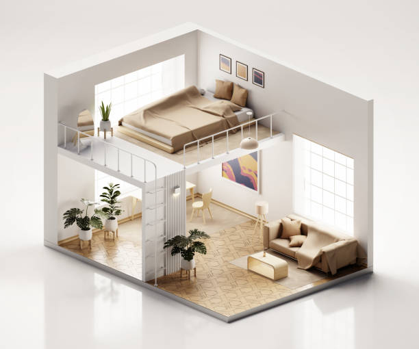 istock Isometric view bed room muji style open inside interior architecture, 3d rendering digital art. 1640041517