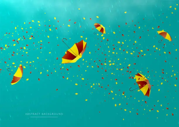 Vector illustration of Abstract light blue autumn background with leaves and umbrellas flying in the rain.