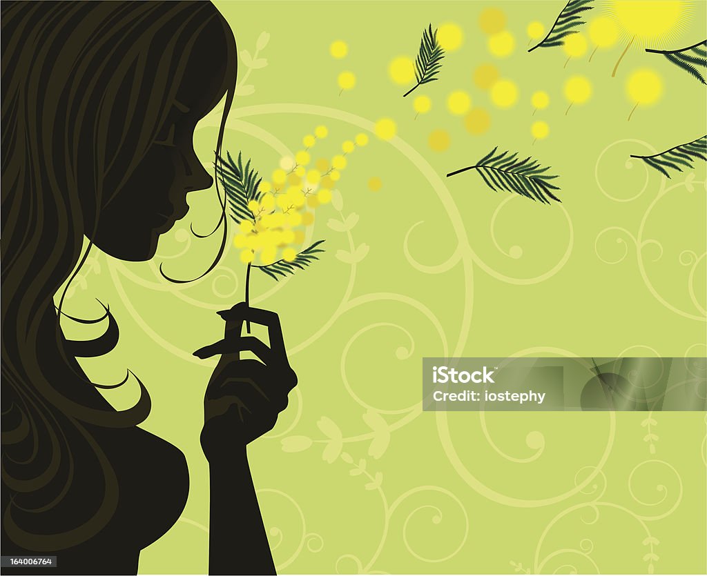 Mimosa woman with green background Woman silhouette in profile, with a sprig of mimosa-layer-not transparent EPS-8 Acacia Tree stock vector