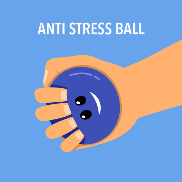 Hand squeezing an anti stress ball for relax at work. Rubber ball in the fist flat design. Calm nerves. vector art illustration