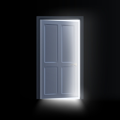 Light from the open door of a dark room, a mystical glowing exit. Vector illustration.