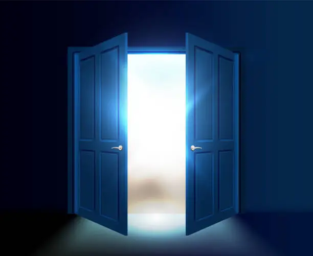 Vector illustration of Ajar double door with light and rays of the sun coming out of the gap.