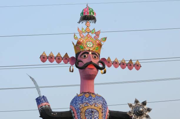 Dussehra Effigies of Ravan, Meghnath and Kumbhakaran getting ready to be burnt for the Dusshera festival. ravana in happy dussehra stock pictures, royalty-free photos & images