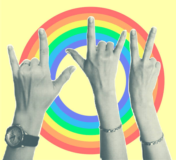istock Trendy collage with hand gestures, cutout shapes Symbol win, like, punk. Grunge halftone retro banner poster design. Concept of protest, confrontation, pride lgbt month. Vector illustration 1640080534