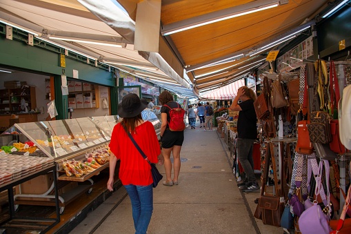 Vienna, Austria - 08 17 2023: view at the market stalls at the famous Vienna Naschmarkt