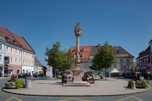 Feldkirchen, Austria - 08 21 2023: Main square in the small city of Feldkirchen in the Austrian region of Carinthia