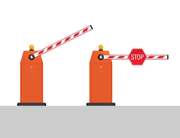 Vector illustration of Automatic barrier, open and closed with a stop sign. Closed borders.